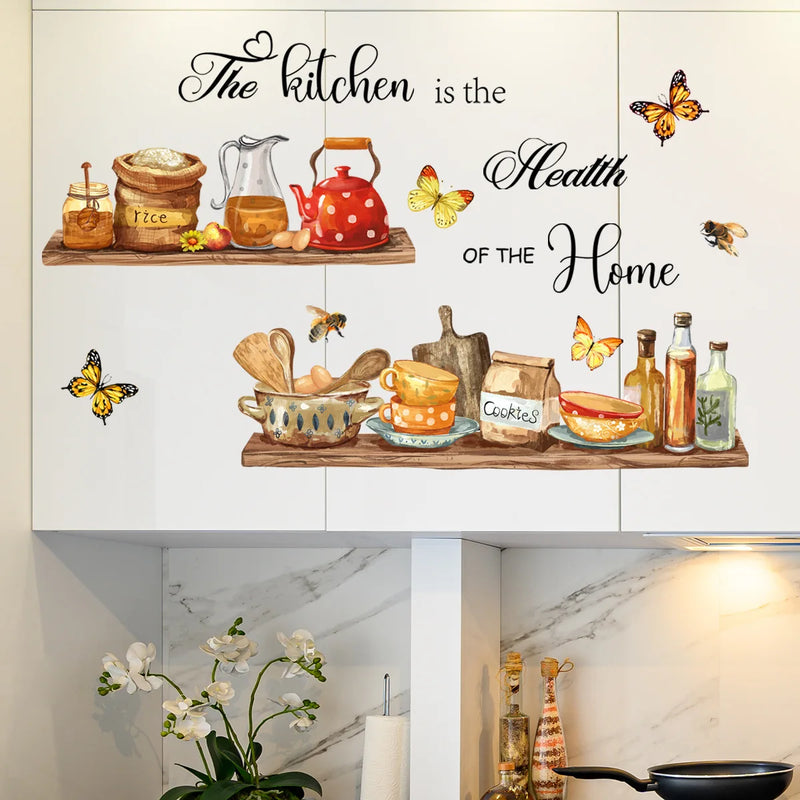 Butterfly Teapot Wall Sticker for Kitchen Cabinet Living Room Bedroom Home Decoration Wash Basin Cupboard Wall Decals Adhesive