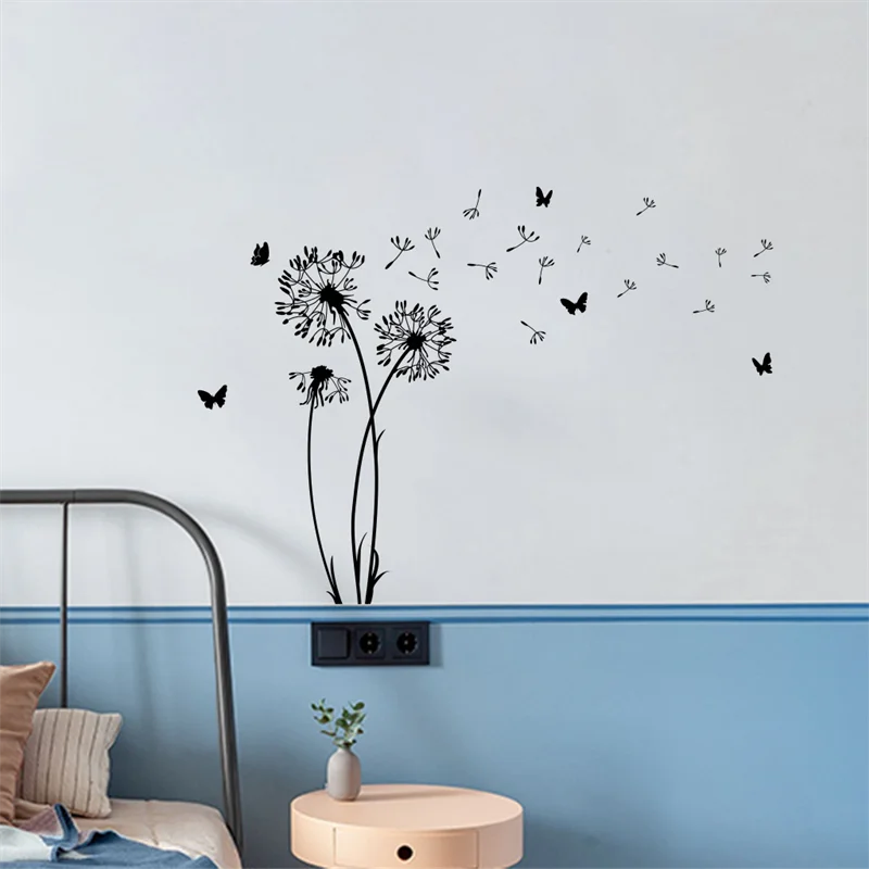 Wall Sticker Dandelion Black Butterfly Living Room Self Adhesive Paper Room Bedroom Decoration Home Wall Art Removable Mural