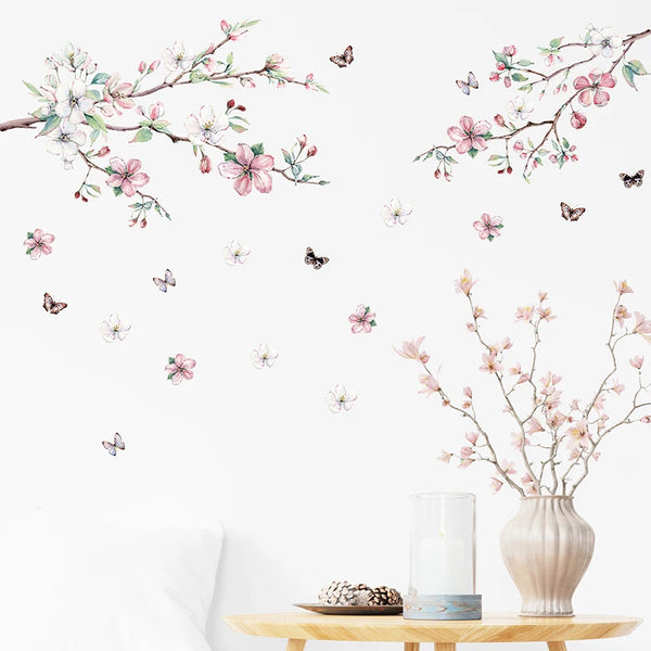 Watercolor Pink Peach Blossom Branches Butterfly Wall Stickers for Living Room Bedroom Girl Room Wall Decals Home Decorative