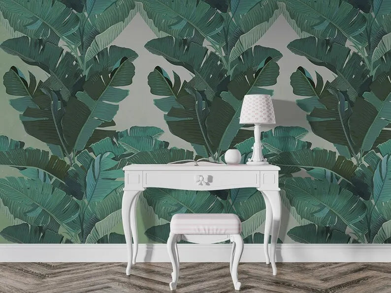 Customizable Tropical Banana Leaves Wallpaper, Green Banana Tree Bedroom, Living Room Modern, Removable Mural, Big Leafs Self Ad