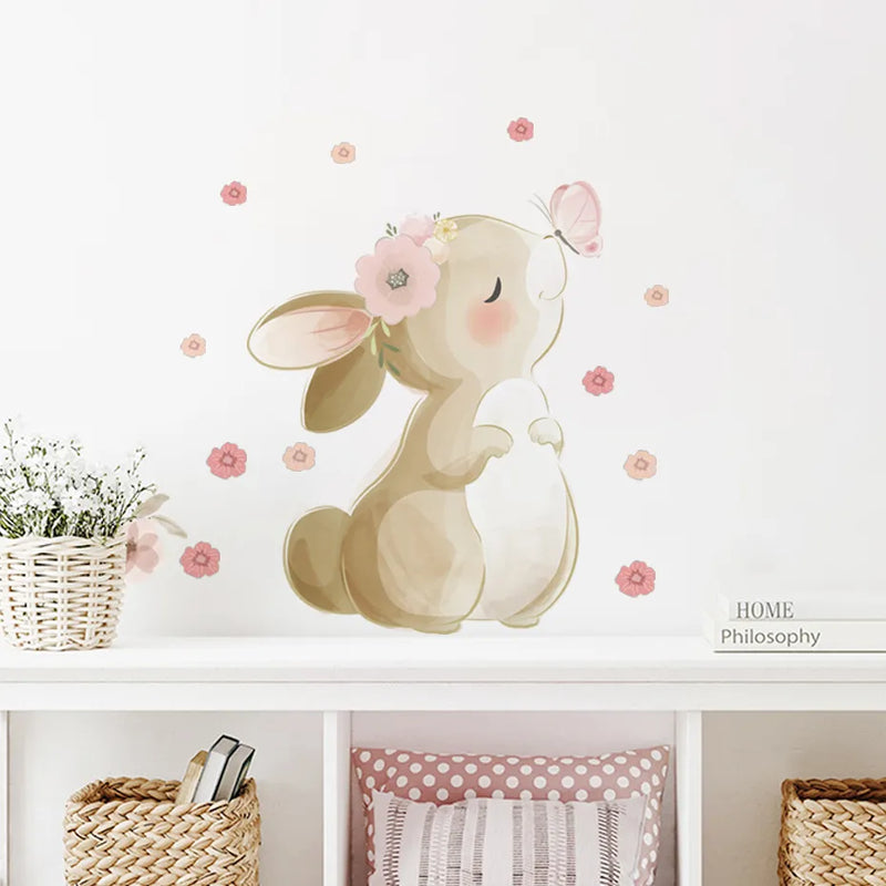 Boho Cartoon Rabbit Butterfly Flowers Wall Sticker Nursery Kids Room Home Decoration Mural Living Room Bedroom Bunny Stickers