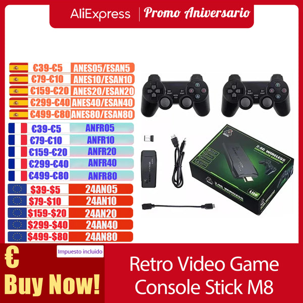 Retro Video Game Console Stick M8, 9 Games Emulators, 4K 20000 Retro Games,2.4G Wireless Controller With PS1，Christmas Gift