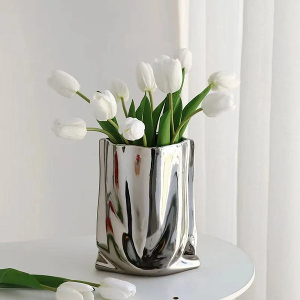 Silver Ruffled Flower Vase Ceramic Vase Porcelain Flower Arrangement Decoration Bag Shape Terrarium Home Decoration Vases Pots