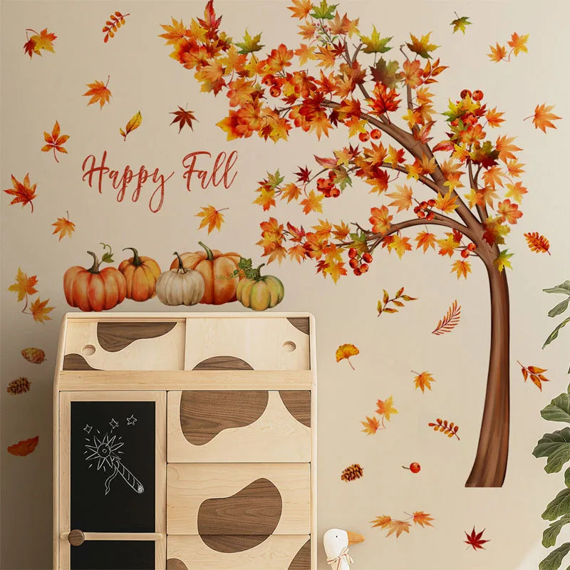 English Full Autumn Maple Tree Wall Sticker Maple Leaf Pumpkin Wallpaper Sticker For Wall Background Decoration Wall Art