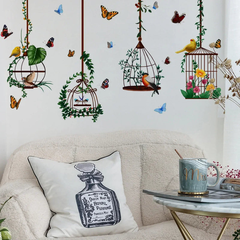 Wall Stickers Butterfly Bird Cage Home Garden Decoration Living Room Bedroom Botanical paper  Decal House Interior Decor