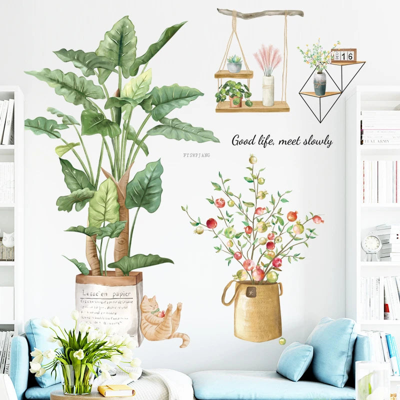 Green Plant 3D Wall Stickers Green Leaves Wall Decals Living Room Bedroom Birds Home Decor Poster Mural PVC Room Decoration