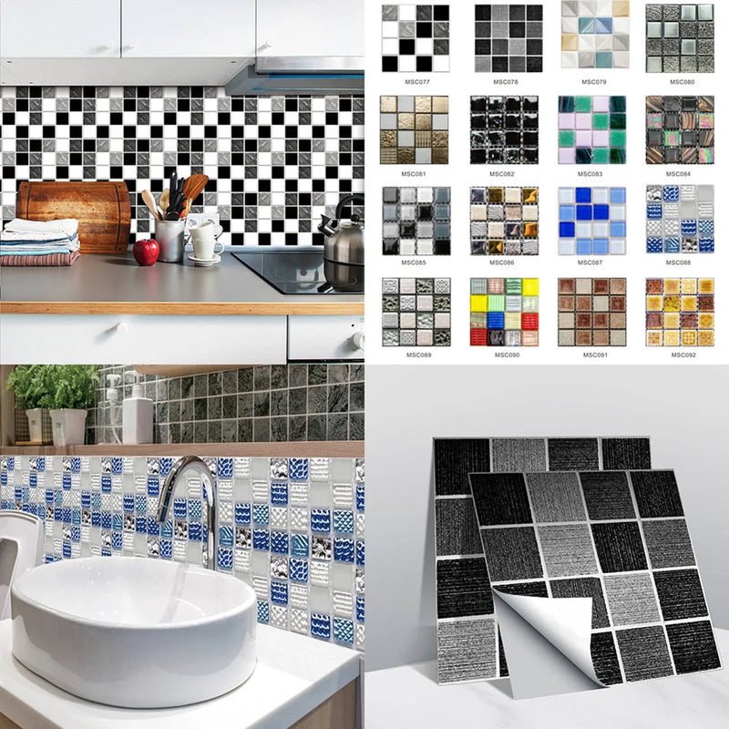 10pcs 3D Mosaic Crystal Tile Stickers DIY Waterproof Self-Adhesive Wall Stickers Kitchen Bathroom Bedroom Home Decor Wall Decals