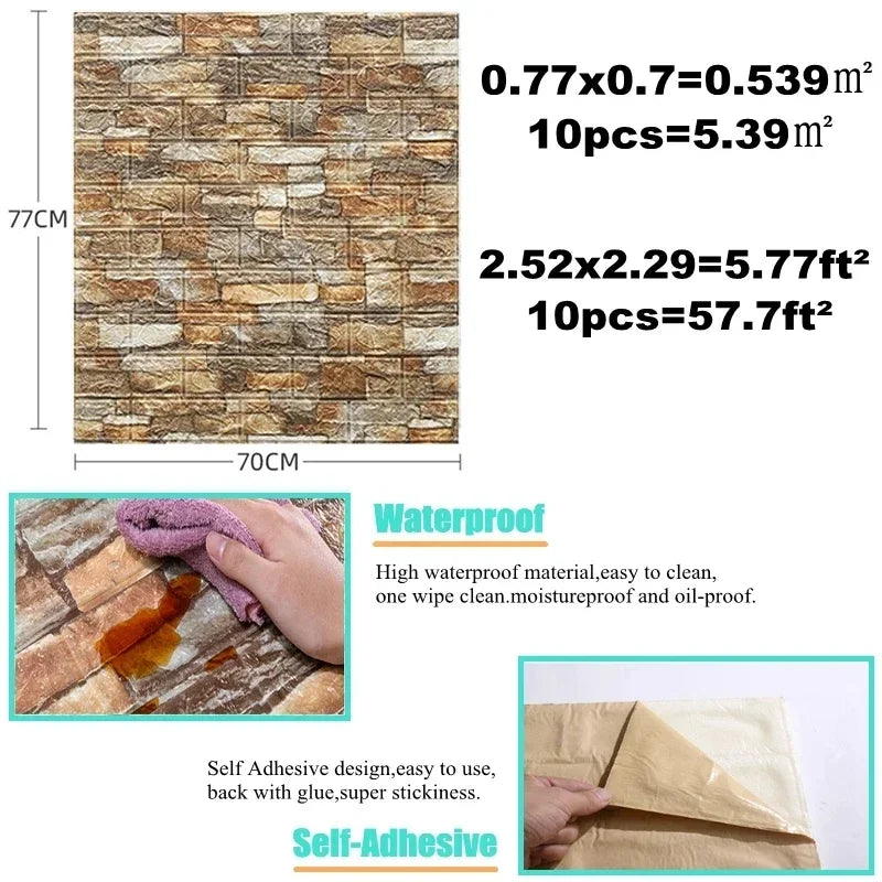 10PCS Self Adhesive Foam Wallpaper Waterproof 3D Brick Wall Panel Living Room  Bedroom Brick Papers Home DIY Wall Stickers Decor