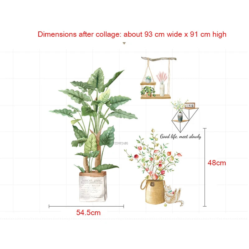 Green Plant 3D Wall Stickers Green Leaves Wall Decals Living Room Bedroom Birds Home Decor Poster Mural PVC Room Decoration