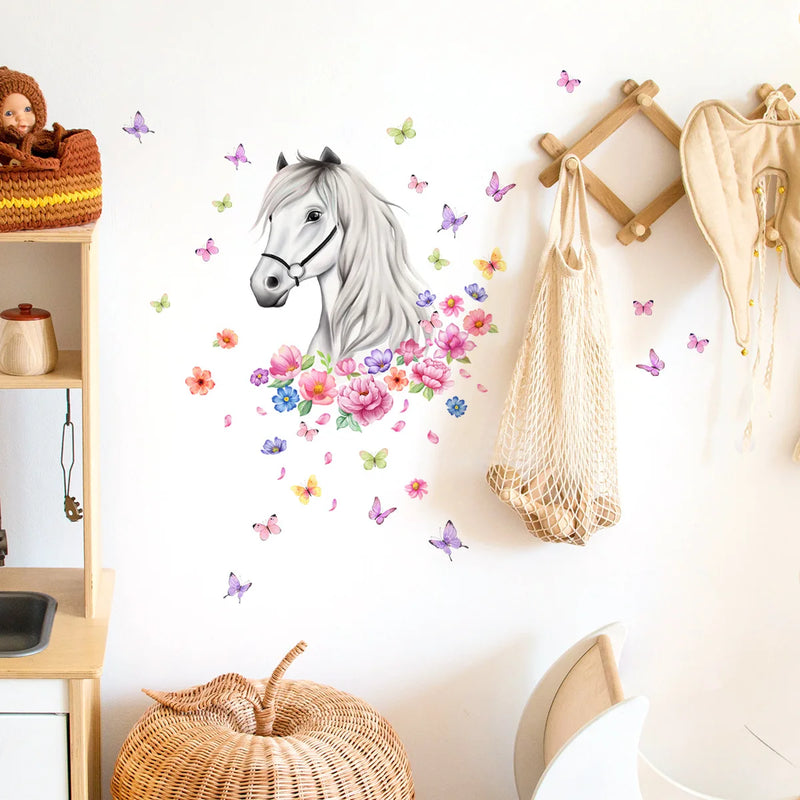 Horse Flowers Butterflies Wall Sticker Cartoon Horses Wall Art Mural for Kids Bedroom Nursery Farmhouse Office Home Decor Decals