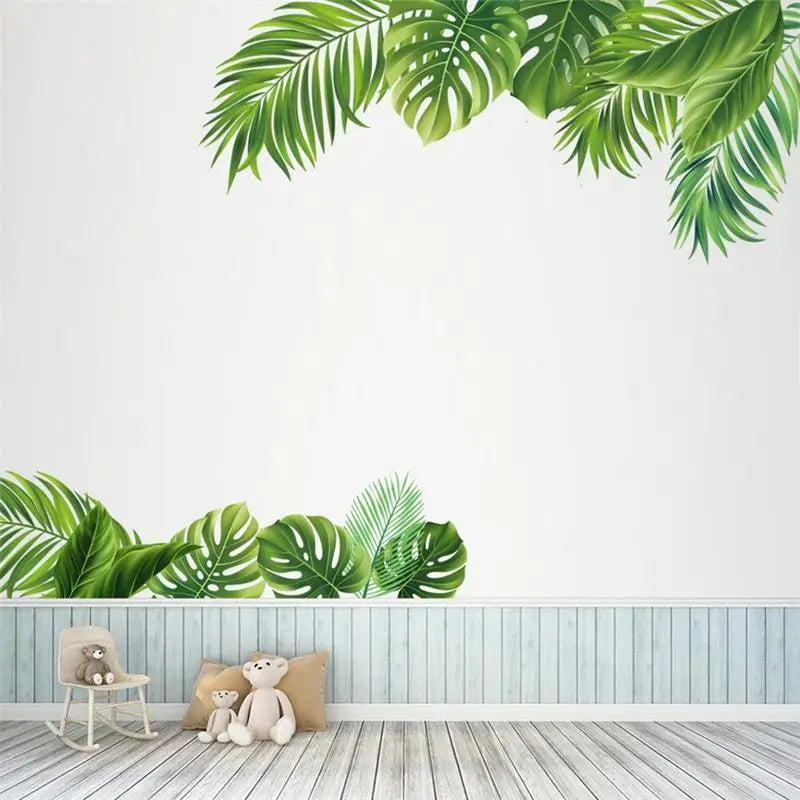 Tropical Palm Leaf Wallpaper Green Tropical Plants Wall Stickers 2Pcs Self Adhesive Removable Reusable Palm Tree Leaf Wall