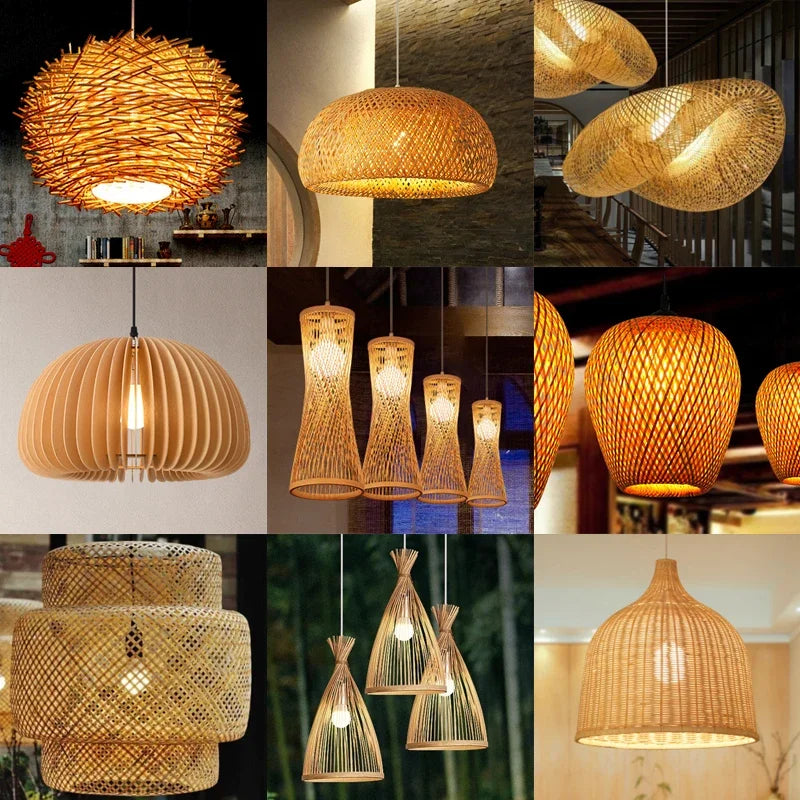 Bamboo Chandelier Pendant Lamp Hanging Wood Ceiling Light Decor LED Chinese Hand Kitted Handmade Lighting for Home Living Room