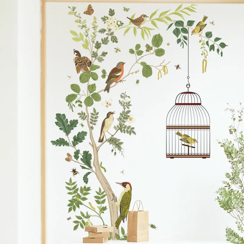 Fresh Plant Leaf Wall Sticker Children's Room Big Tree Bird Cage Wallpaper Bird Bedroom Home Decoration Living Room Wall Sticker