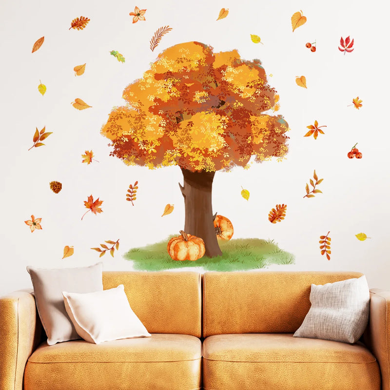 3pcs Autumn Golden Big Tree Maple Tree Maple Leaf Wall Stickers Living Room Background Decorative Wall Sticker Wallpaper Ms8566