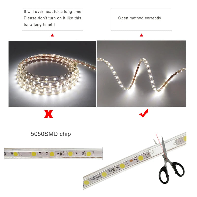 220V LED Strip Lights 5050 Waterproof High Brightness Flexible Lamp Tape Kitchen Outdoor Garden Room Decor LED Strip With Switch