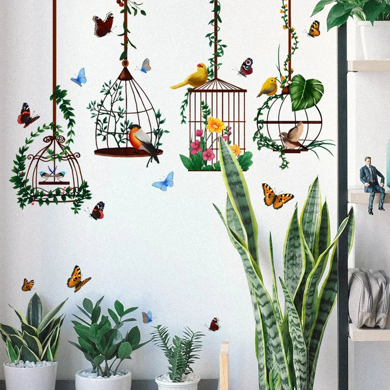 Wall Stickers Butterfly Bird Cage Home Garden Decoration Living Room Bedroom Botanical paper  Decal House Interior Decor