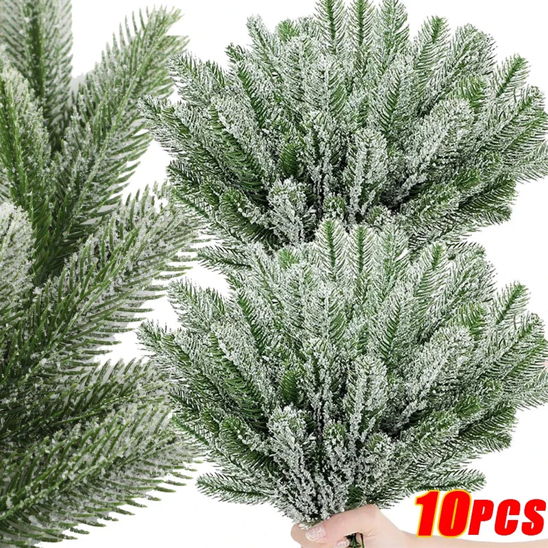 10/5Pcs Christmas Artificial Pine Needles Branches Snow Pine Fake Plants DIY Xmas Tree Wreath Ornaments Home Xmas New Year Gifts