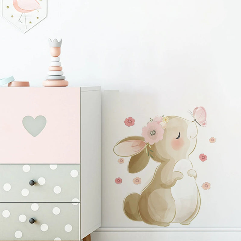 Boho Cartoon Rabbit Butterfly Flowers Wall Sticker Nursery Kids Room Home Decoration Mural Living Room Bedroom Bunny Stickers