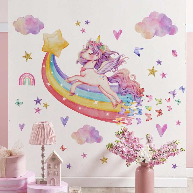 Elf Butterfly Girl Unicorn Flower Wall Stickers for Kids Room Baby Girl Wall Decals PVC Home Decor Wall Stickers Bedroom Murals