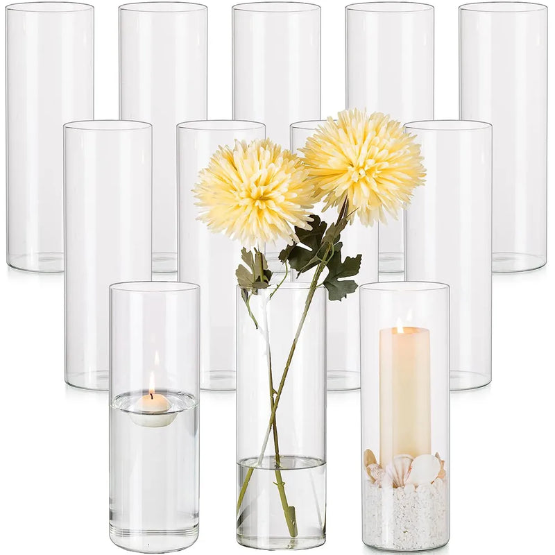 Glass Cylinder Vases Set of 12, Hurricane Candle Holders for Pillar or Floating Candles, Tall Clear Vase for Centerpieces, Round