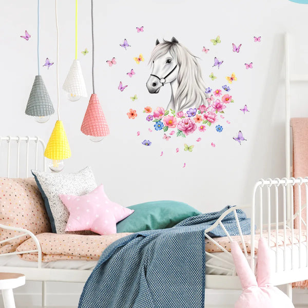 Horse Flowers Butterflies Wall Sticker Cartoon Horses Wall Art Mural for Kids Bedroom Nursery Farmhouse Office Home Decor Decals