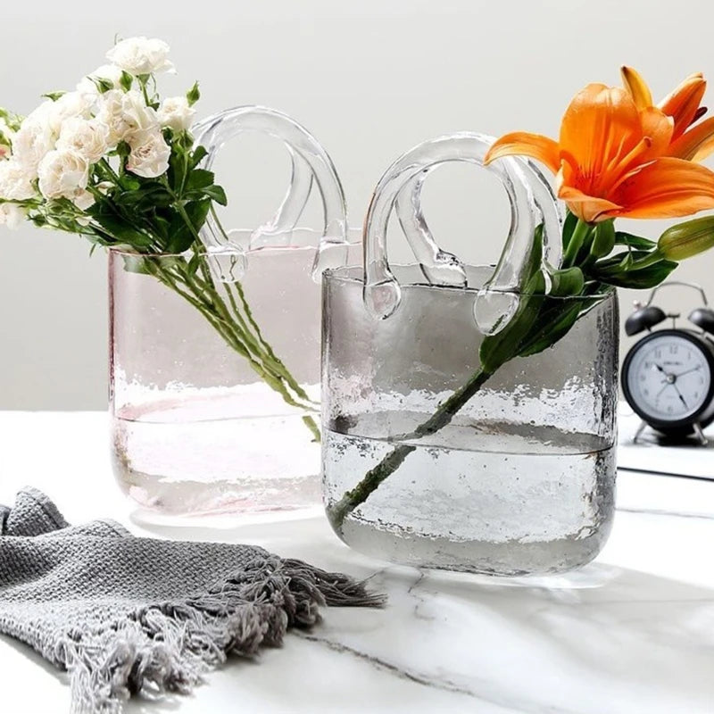 Clear Glass Vase Fish Tank Tote Bag Flower Handbag Bag Vase Desktop Centerpiece for School Office Bedroom Decoration