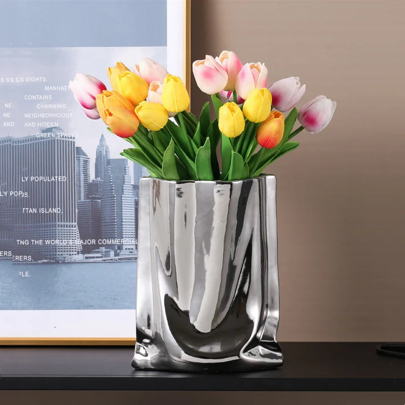 Silver Ruffled Flower Vase Ceramic Vase Porcelain Flower Arrangement Decoration Bag Shape Terrarium Home Decoration Vases Pots