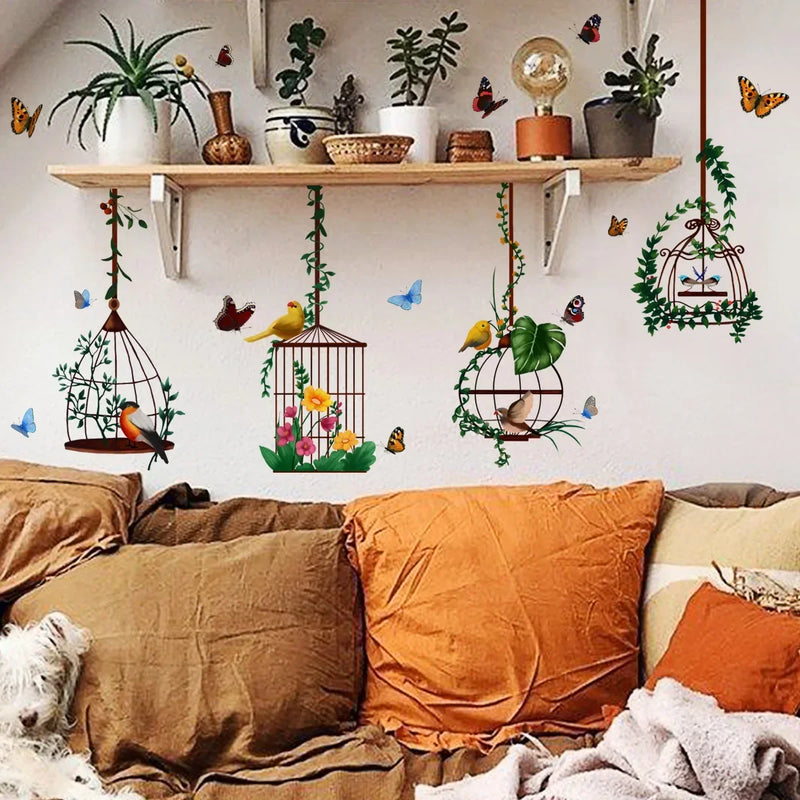 Wall Stickers Butterfly Bird Cage Home Garden Decoration Living Room Bedroom Botanical paper  Decal House Interior Decor