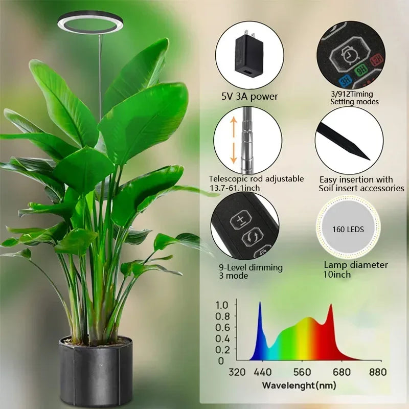 New Grow Lights LED Ring Indoor Plants 160LEDs 6000K Full Spectrum Plant Light for Indoor Plants Height Adjustable Growing Lamp