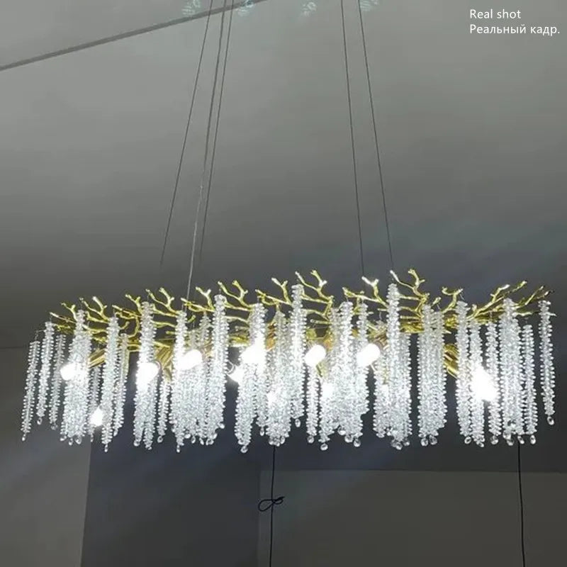 Gold Branch Lighting Chandelier with Tassel Crystals LED Ceiling Hanging Light Fixture for Living Room Kitchen Crystal Lamps