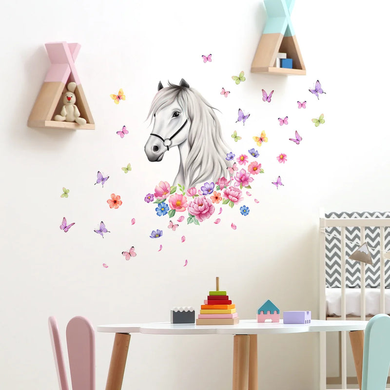 Horse Flowers Butterflies Wall Sticker Cartoon Horses Wall Art Mural for Kids Bedroom Nursery Farmhouse Office Home Decor Decals