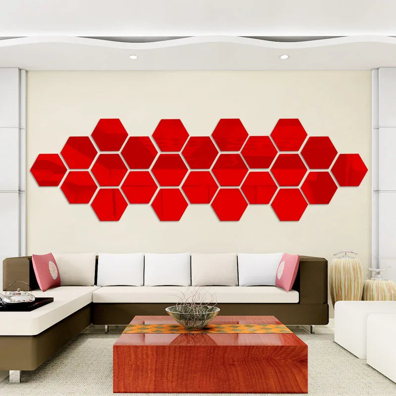 European Style Home Decor Mirror Wall Sticker Fashion 3D Hexagon Acrylic Stickers Living Room Bedroom Stairs Decoration Supplies