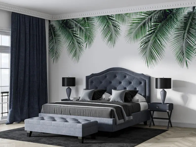 Modern Design Tropical Customizable Self Adhesive Wall Mural. Peel And Stick Living Room Wallpaper, Big Palm Tree Leaves Removab