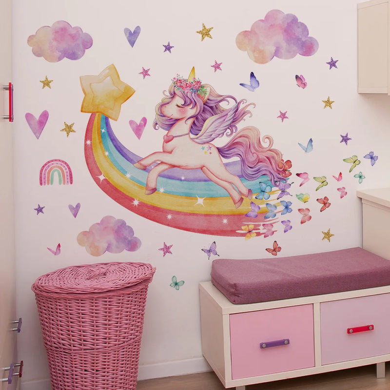 Elf Butterfly Girl Unicorn Flower Wall Stickers for Kids Room Baby Girl Wall Decals PVC Home Decor Wall Stickers Bedroom Murals