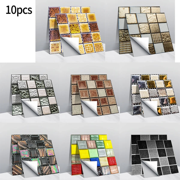 10pcs 3D Mosaic Crystal Tile Stickers DIY Waterproof Self-Adhesive Wall Stickers Kitchen Bathroom Bedroom Home Decor Wall Decals