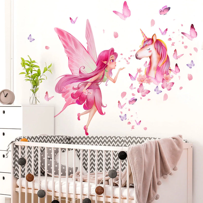 Elf Butterfly Girl Unicorn Flower Wall Stickers for Kids Room Baby Girl Wall Decals PVC Home Decor Wall Stickers Bedroom Murals