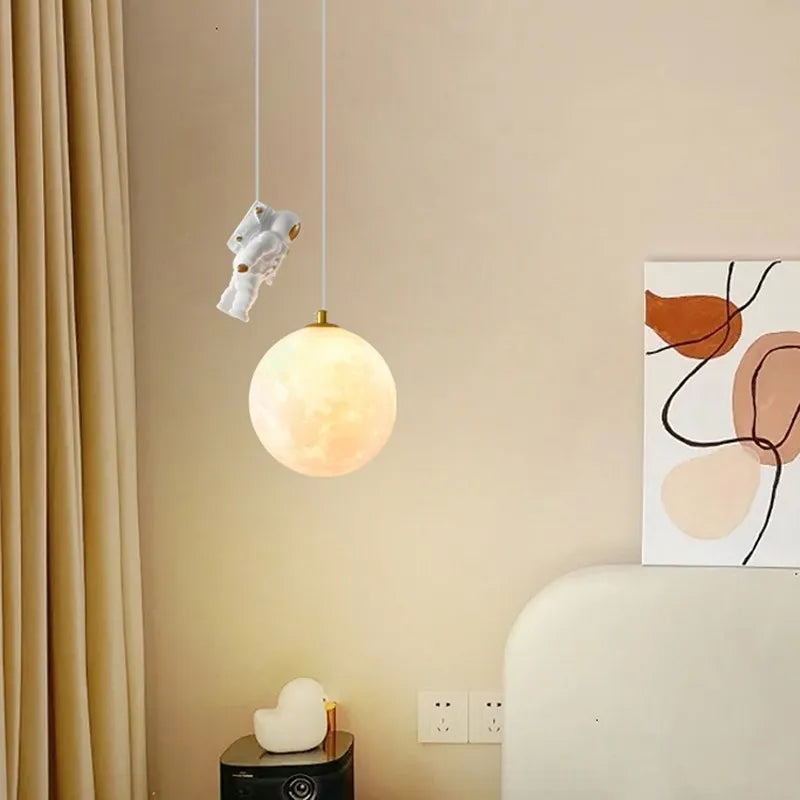 Modern LED Pendant Light Iron Astronaut Cartoon Moon Children's Room Indoor Decorative Hanging Lamp For Bedroom Study Luminaires