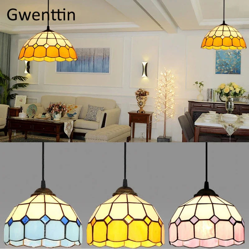 Tiffany Simple Square Pendant Light Mediterranean Stained Glass Hanging Lamp for Home Decor Dining Room Kitchen Lighting Fixture