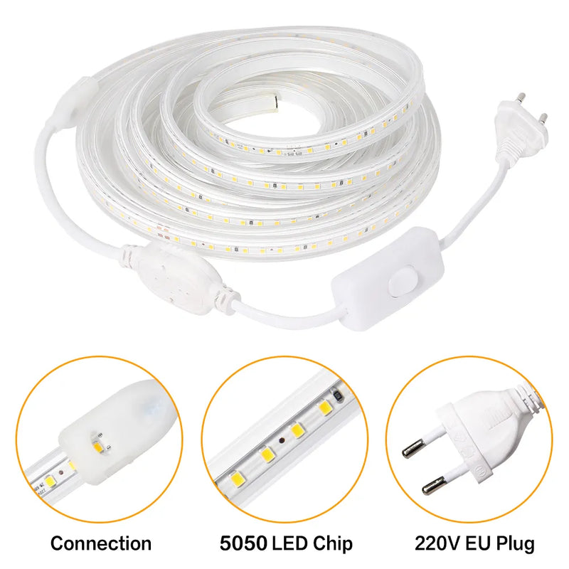 220V LED Strip Lights 5050 Waterproof High Brightness Flexible Lamp Tape Kitchen Outdoor Garden Room Decor LED Strip With Switch