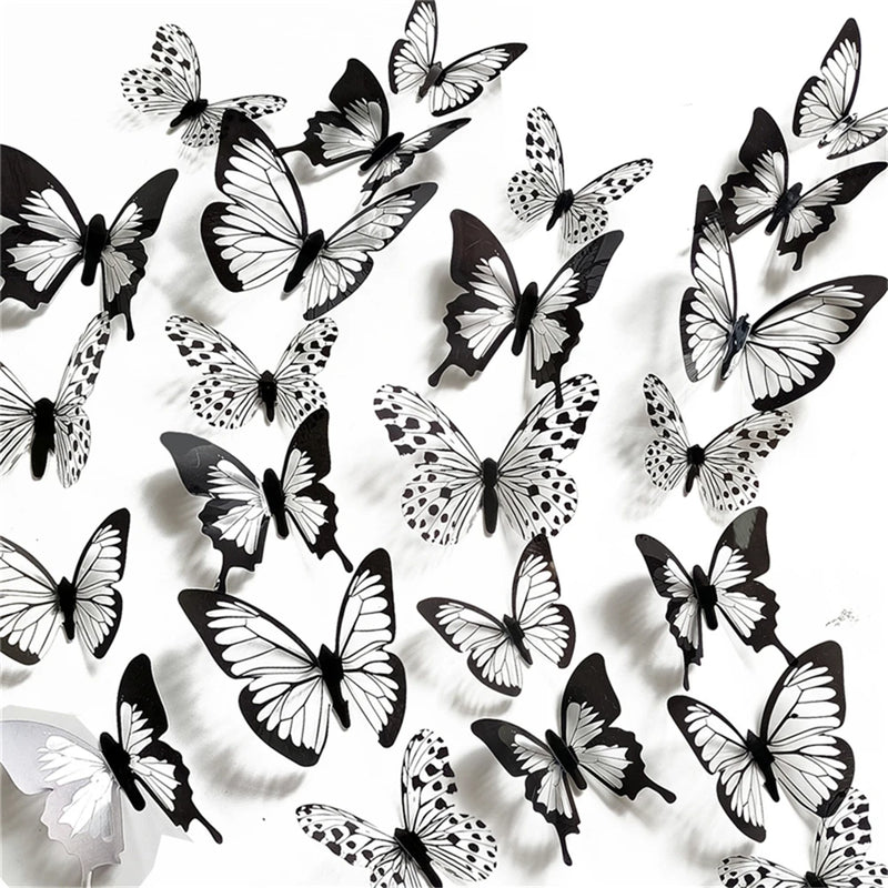 12/24 Pcs Black White 3D Butterfly Wall Sticker Wedding Decoration Bedroom Living Room Home Decor Butterflies Decals Stickers