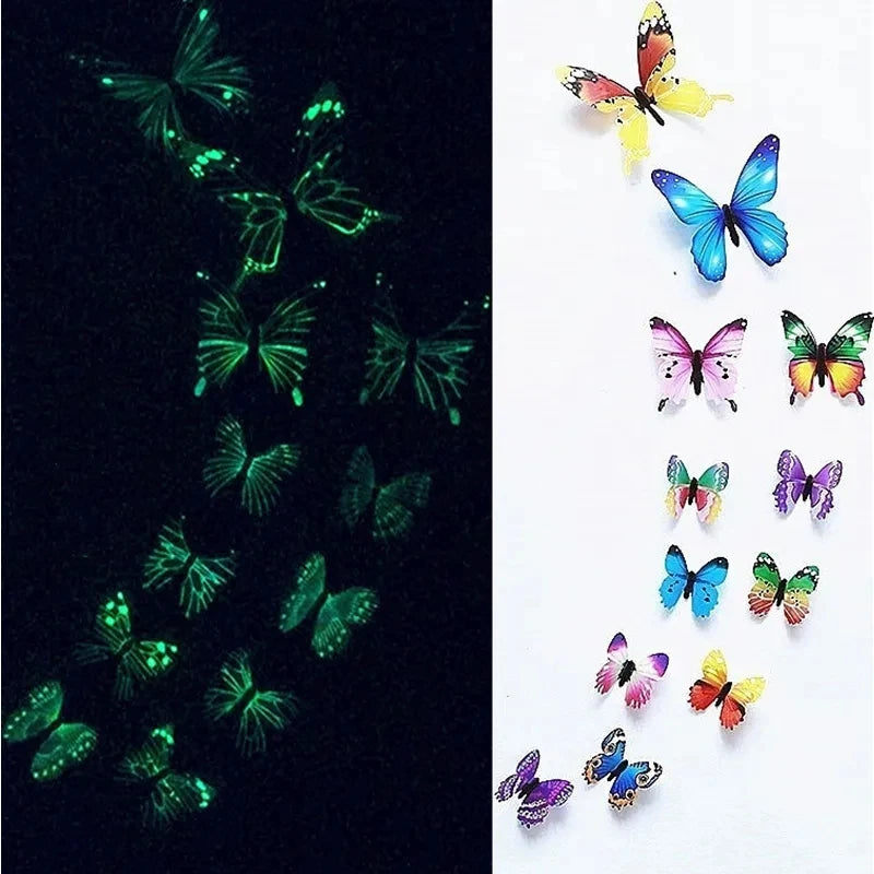 12/36pcs Luminous Butterfly 3D Wall Sticker Bedroom Living Room Window Ceiling Decor Wall Decals Home DIY Glow In Dark Wallpaper