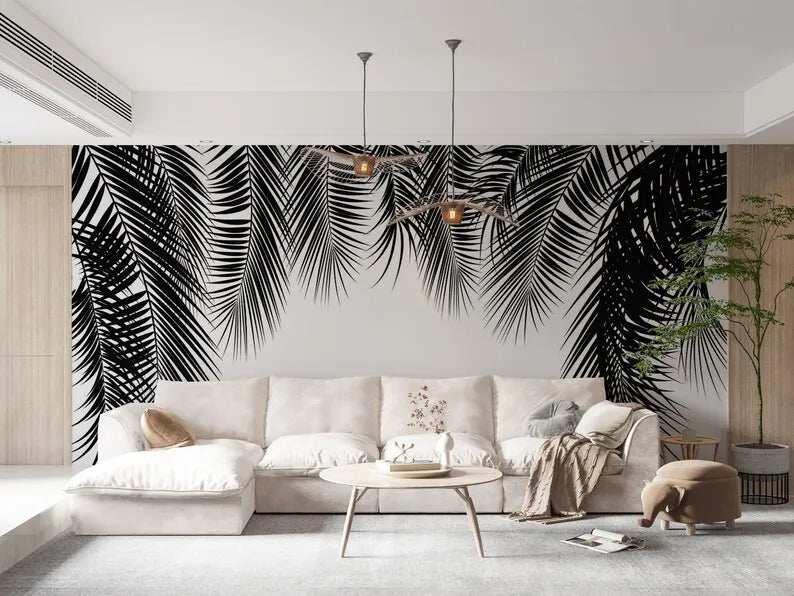 Black And White Palm Tree Leaves Hanging From Above Photo Wallpaper, Self adhesive, Custom Size Repositionable Removable Wallpap