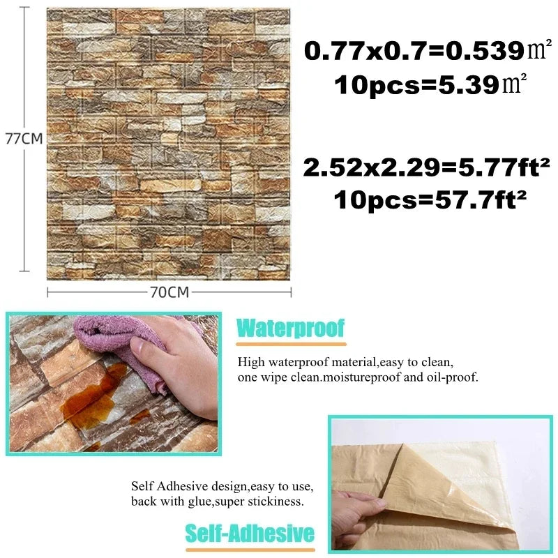 10PCS Self Adhesive 3D Brick Wall Stickers Decor Foam Waterproof Wall Covering Wallpaper for Kids Room LivingRoom DIY Background