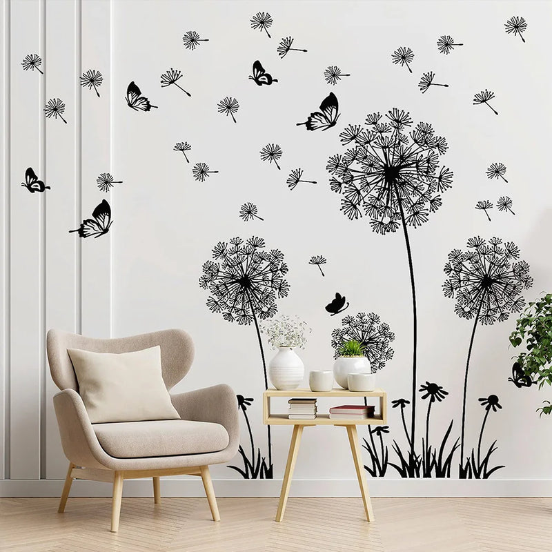 Black Dandelion Wall Stickers Butterflies On The Wall Living Room Bedroom Glass Window Decoration Mural Art Home Decor Decals