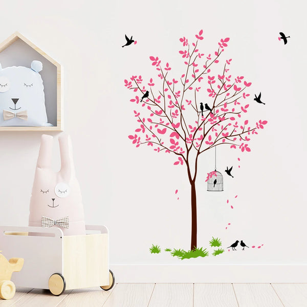 Romantic Pink Flowers Tree Wall Sticker Bird Home Decor for Living Room Art PVC Vinyl Wall Decals Chinese Style Wallpaper