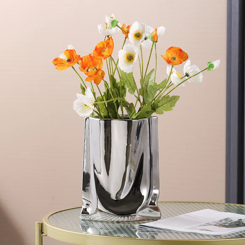 Silver Ruffled Flower Vase Ceramic Vase Porcelain Flower Arrangement Decoration Bag Shape Terrarium Home Decoration Vases Pots