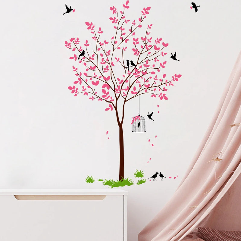 Romantic Pink Flowers Tree Wall Sticker Bird Home Decor for Living Room Art PVC Vinyl Wall Decals Chinese Style Wallpaper