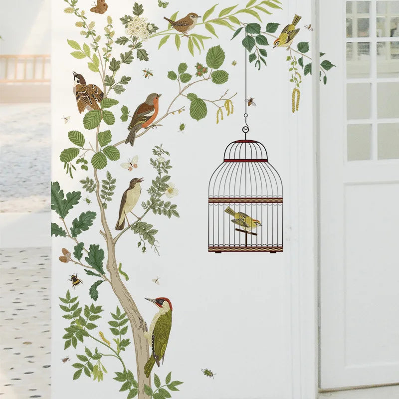 Fresh Plant Leaf Wall Sticker Children's Room Big Tree Bird Cage Wallpaper Bird Bedroom Home Decoration Living Room Wall Sticker