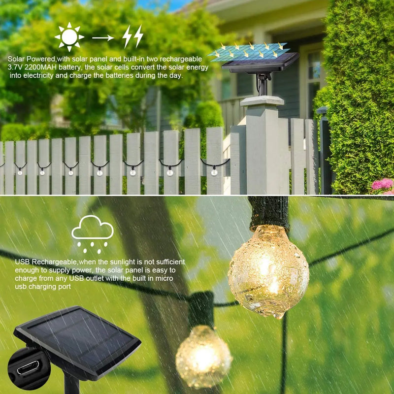 100/50/25ft Solar Led Light Outdoor G40 Plastic Bulb LED Garden Fairy Patio String Lights Wedding Party Decoration