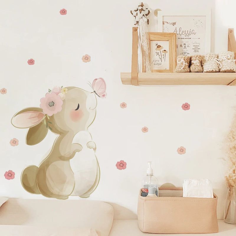 Boho Cartoon Rabbit Butterfly Flowers Wall Sticker Nursery Kids Room Home Decoration Mural Living Room Bedroom Bunny Stickers